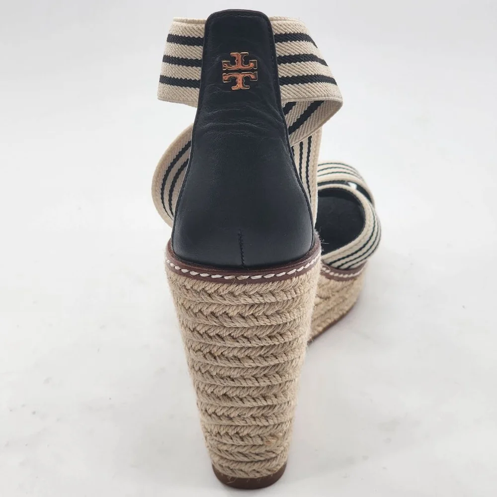 TORY‎ BURCH Frieda Navy Cream Elastic Strap Striped Espadrille Wedge Sandals 9.5